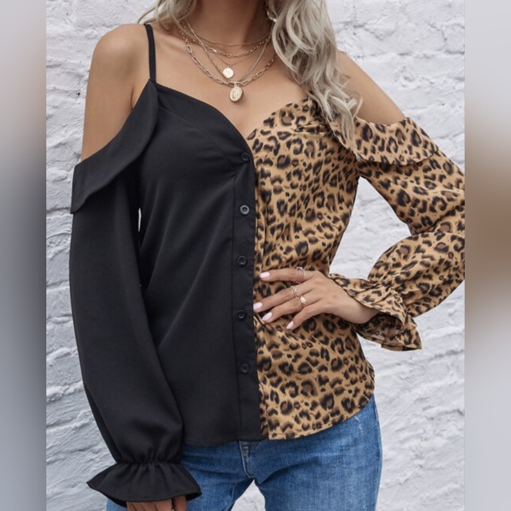 1/2 black 1/2 Leopard Off The Shoulder Blouse By Shein. Never Worn.(L /XL)